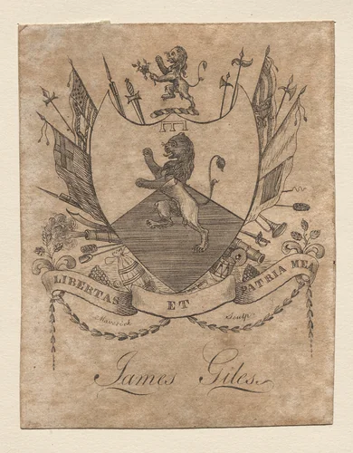 Bookplate: Coat of Arms with James Giles inscribed below by Peter Rushton Maverick, print