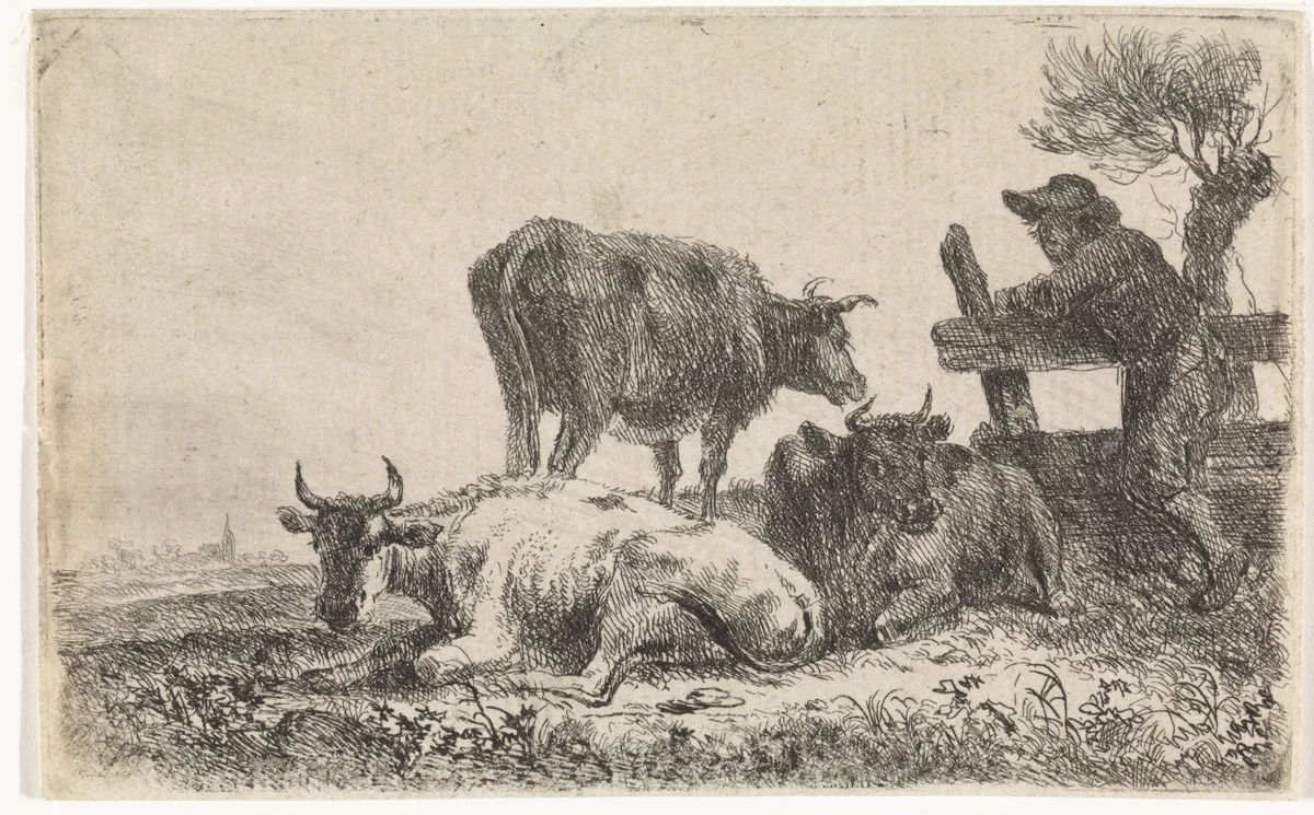 Drie koeien en een jongen in een weiland by Théodore Stallenbergh, print, 1748-1771