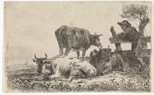 Drie koeien en een jongen in een weiland by Théodore Stallenbergh, print, 1748-1771