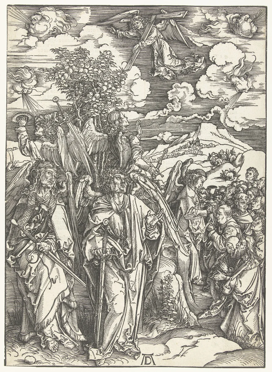 Engelen houden de vier winden tegen by Unknown, print, 1497-1498