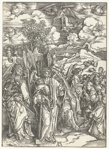 Engelen houden de vier winden tegen by Unknown, print, 1497-1498
