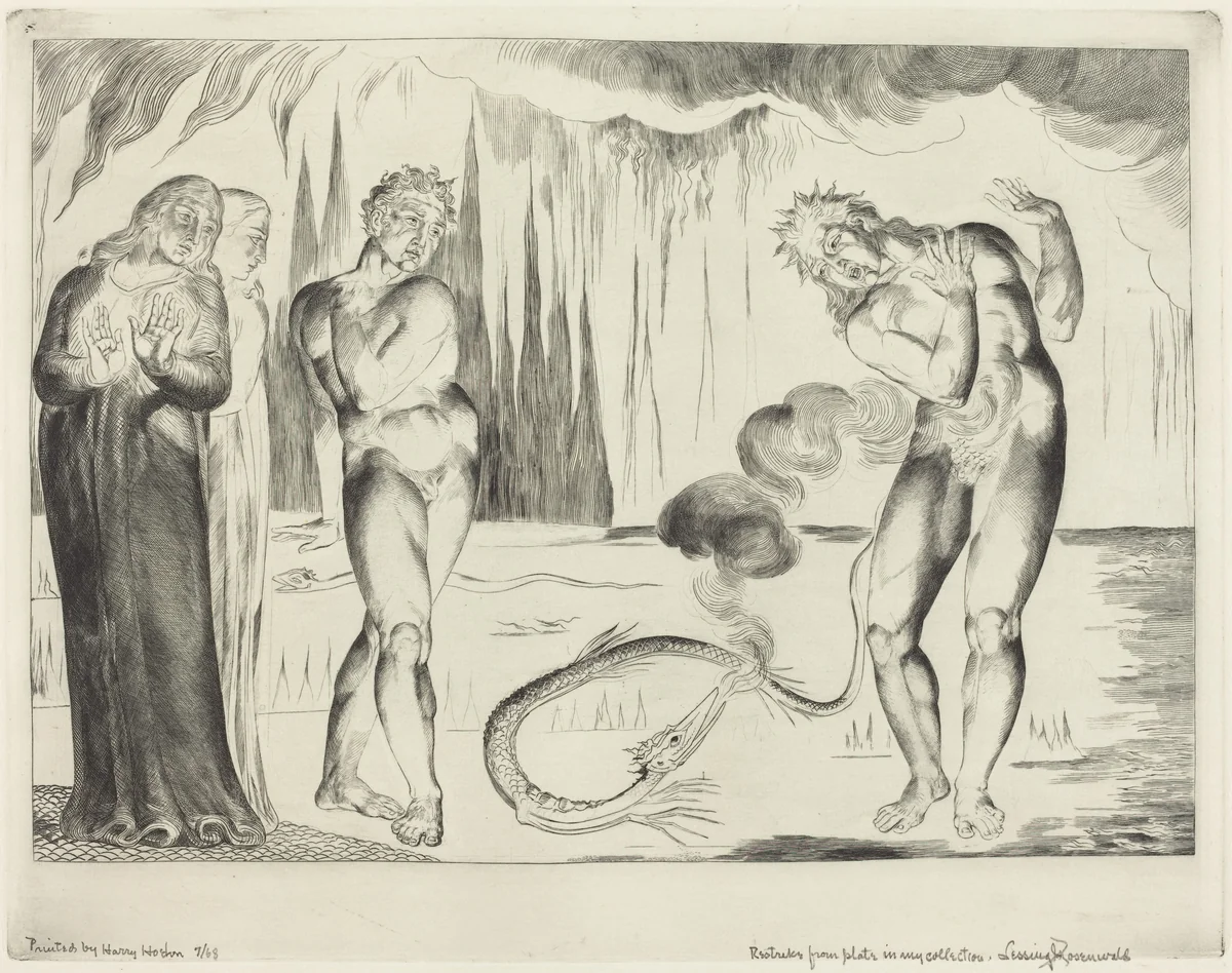 The Circle of the Thieves; Buoso Donati Attacked by the Serpent by William Blake, print, 1827