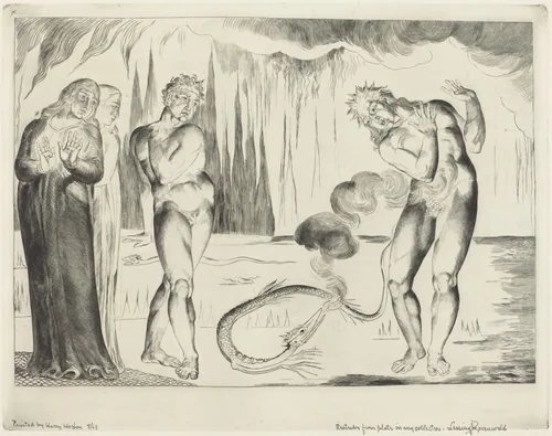 The Circle of the Thieves; Buoso Donati Attacked by the Serpent by William Blake, print, 1827
