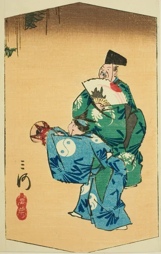Comic Dancers in Mikawa Province (Mikawa, manzai), section of sheet no. 4 from the series "Cutout Pictures of the Provinces (Kunizukushi harimaze zue)" by Utagawa Hiroshige (歌川広重), print, 1852