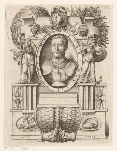 Buste van Cosimo I de' Medici, groothertog van Toscane by Unknown, print, 1555
