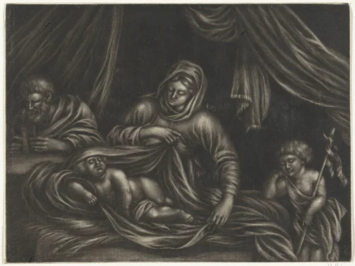Heilige Familie met Johannes de Doper by Jan van Somer, print, 1655-1700