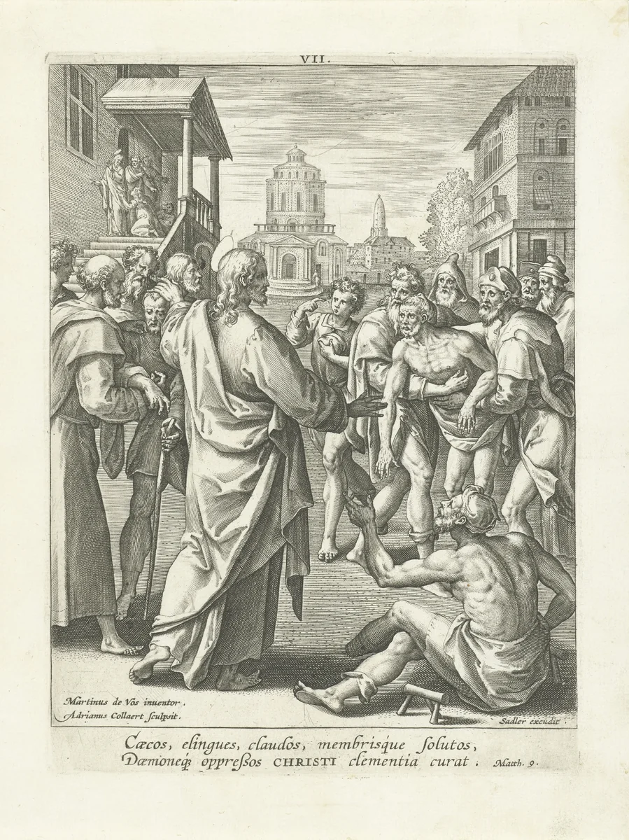 Christus geneest een verlamde man en een blinde man by Unknown, print, 1583-1588