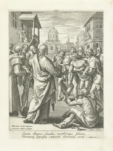 Christus geneest een verlamde man en een blinde man by Unknown, print, 1583-1588