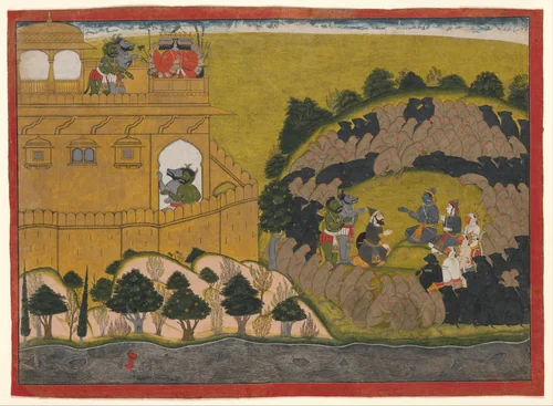 Rama Releases the Demon Spies Shuka and Sarana: Folio from the Siege of Lanka series by Manaku, painting, 1715-1735