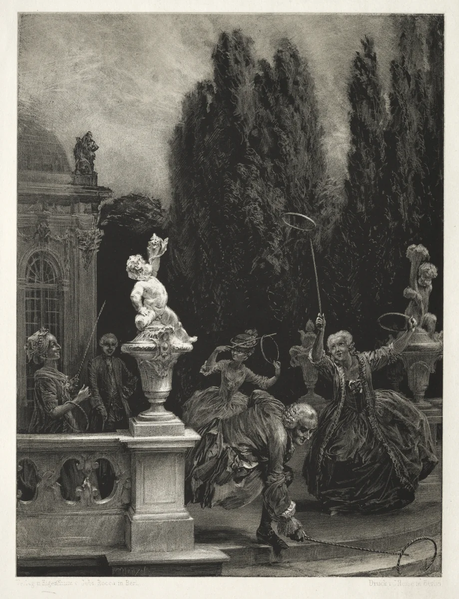Essay on Stone with Brush and Scraper: Playing at Hoops on the Castle Terrace by Adolph von Menzel, print, 1851