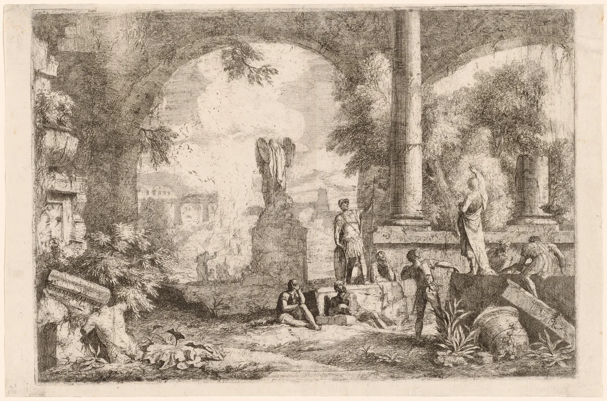 Capriccio of Antique Ruins with Men Gazing at a Classical Orator by Marco Ricci, print, 1676-1729