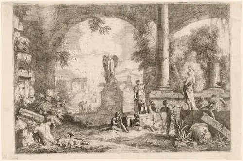 Capriccio of Antique Ruins with Men Gazing at a Classical Orator by Marco Ricci, print, 1676-1729