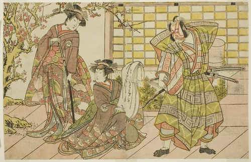 The Actors Ichikawa Danjuro V as Miura Kunitae (right), Segawa Kikunojo III as Yasukata (center), and Iwai Hanshiro IV as Utou (left), in the Play Godai Genji Mitsugi no Furisode, Performed at the Nakamura Theater in the Eleventh Month, 1782 by Katsukawa Shunsho (勝川 春章), print, 1777-1787