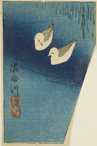 Oystercatchers on the Sumida River (Sumidagawa, miyakodori), section of a sheet from the series "Cutouts of Famous Places in Edo (Harimaze Koto meisho)" by Utagawa Hiroshige (歌川広重), print, 1845-1855