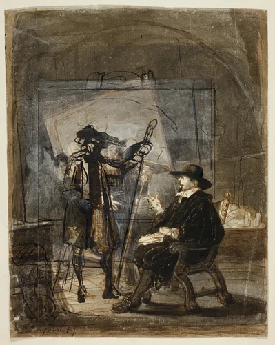 Dr. Nicholas Tulp in Rembrandt's Studio (recto); Scene from Rembrandt's Life (?) (verso) by Jacob Ludovicus Cornet, painting, 1846