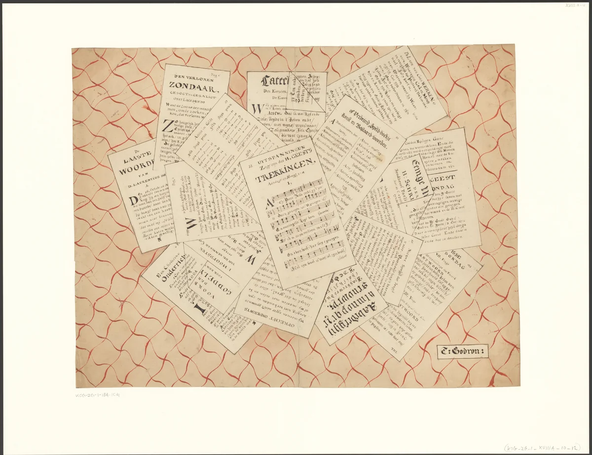 Schijnbedrieger met bladmuziek en ander drukwerk by E. Godron, drawing, 1757-1849