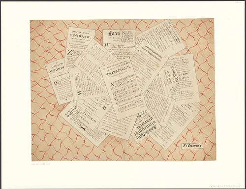 Schijnbedrieger met bladmuziek en ander drukwerk by E. Godron, drawing, 1757-1849