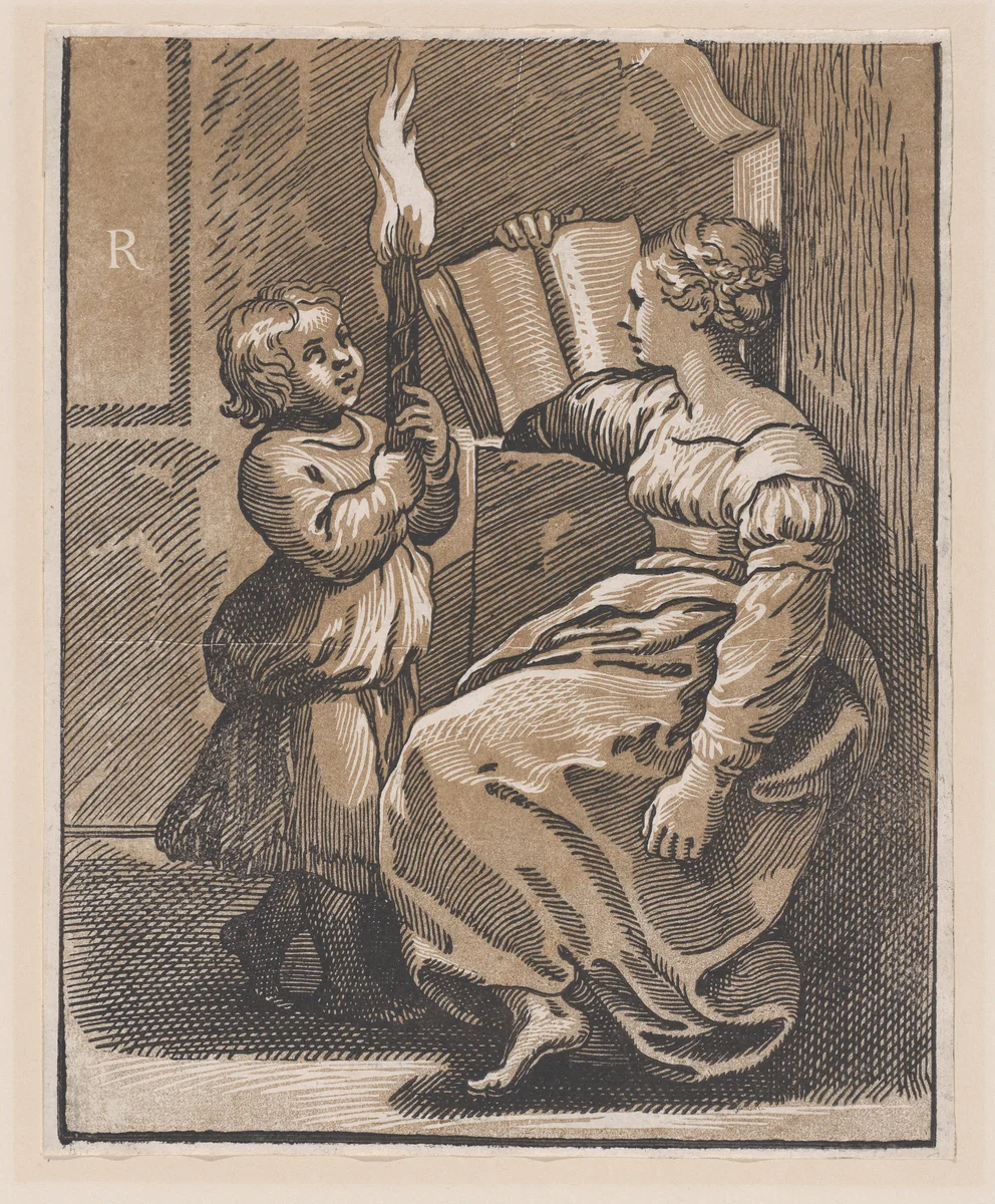 A Sibyl reading a book facing left by Ugo da Carpi, print, 1518