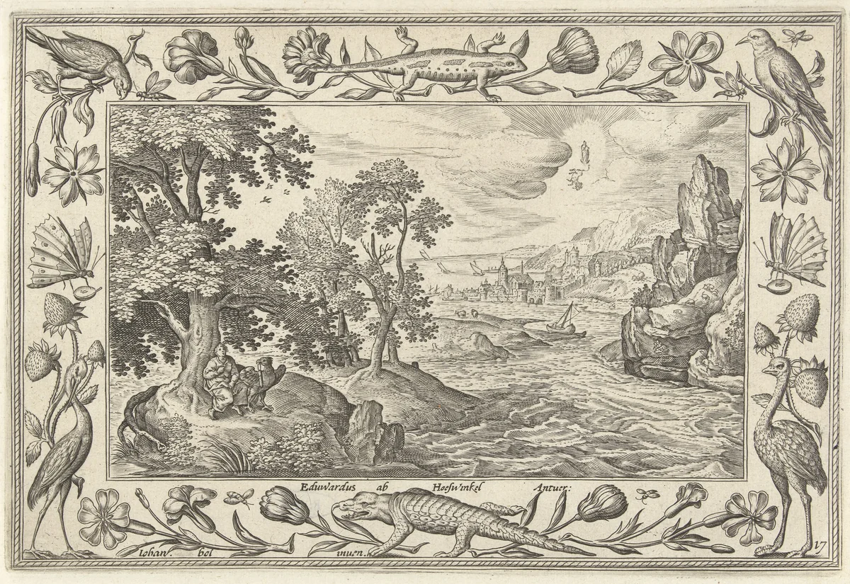 Apostel Johannes op Patmos by Unknown, print, 1582-1586