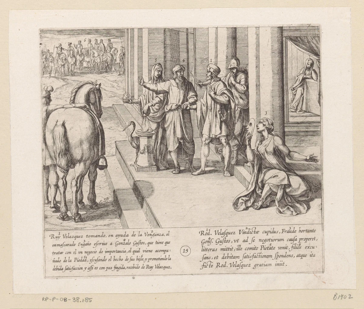Gonzalo Gustos bezoekt Ruy Velazquez om genoegdoening te beloven voor de daden van zijn zoon by Antonio Tempesta, print, 1612