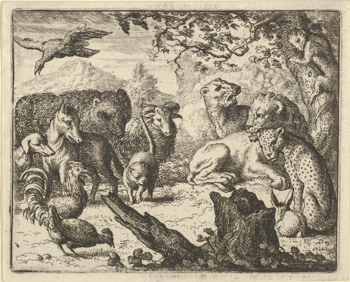 The Lion Announces a Durable Peace to the Animals who Surround Him from Hendrick van Alcmar's Renard The Fox by Allart van Everdingen, print, 1650-1675