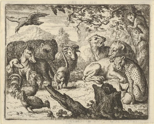 The Lion Announces a Durable Peace to the Animals who Surround Him from Hendrick van Alcmar's Renard The Fox by Allart van Everdingen, print, 1650-1675