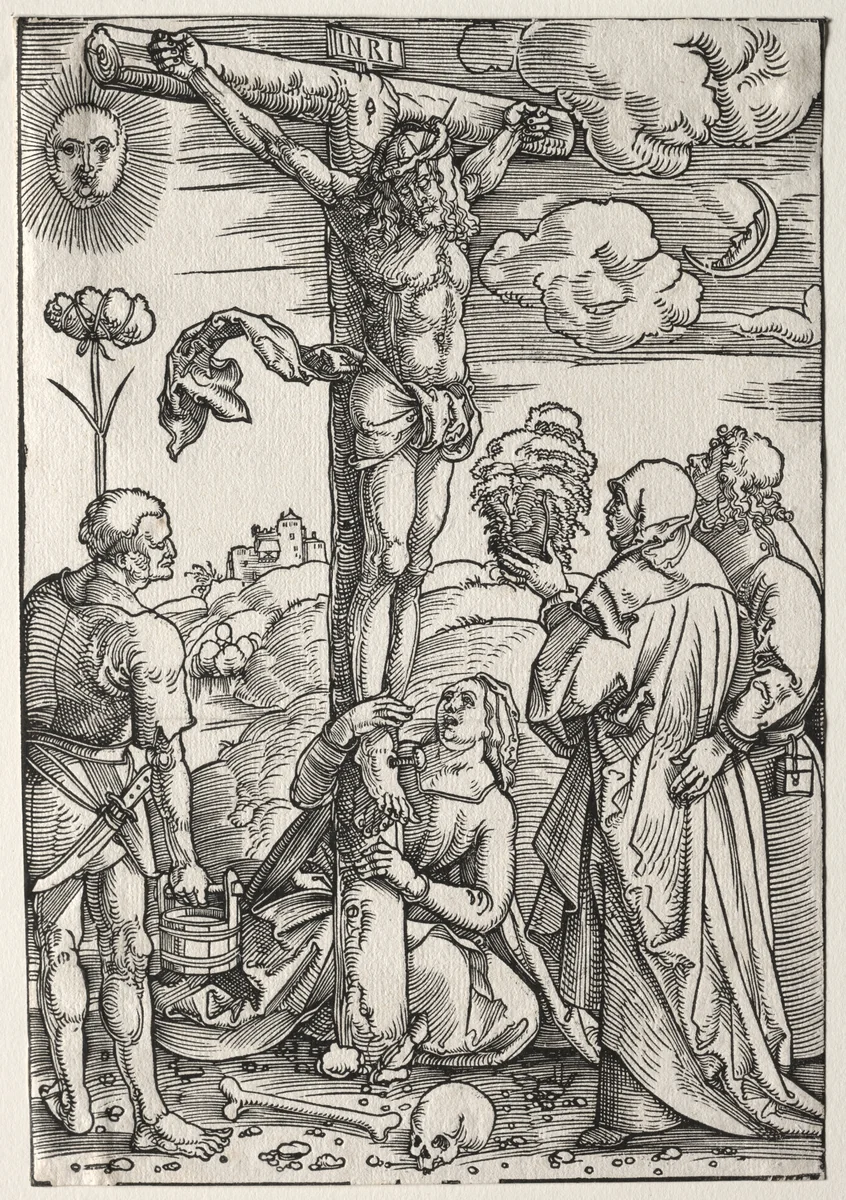 Christ on the Cross with Mary, St. John, Mary Magdalen and St. Stephen by Hans Baldung, print, 1505