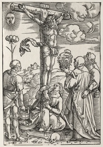 Christ on the Cross with Mary, St. John, Mary Magdalen and St. Stephen by Hans Baldung, print, 1505