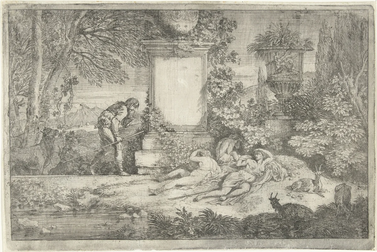 Slapende herderinnen by Adriaen van der Kabel, print, 1648-1705