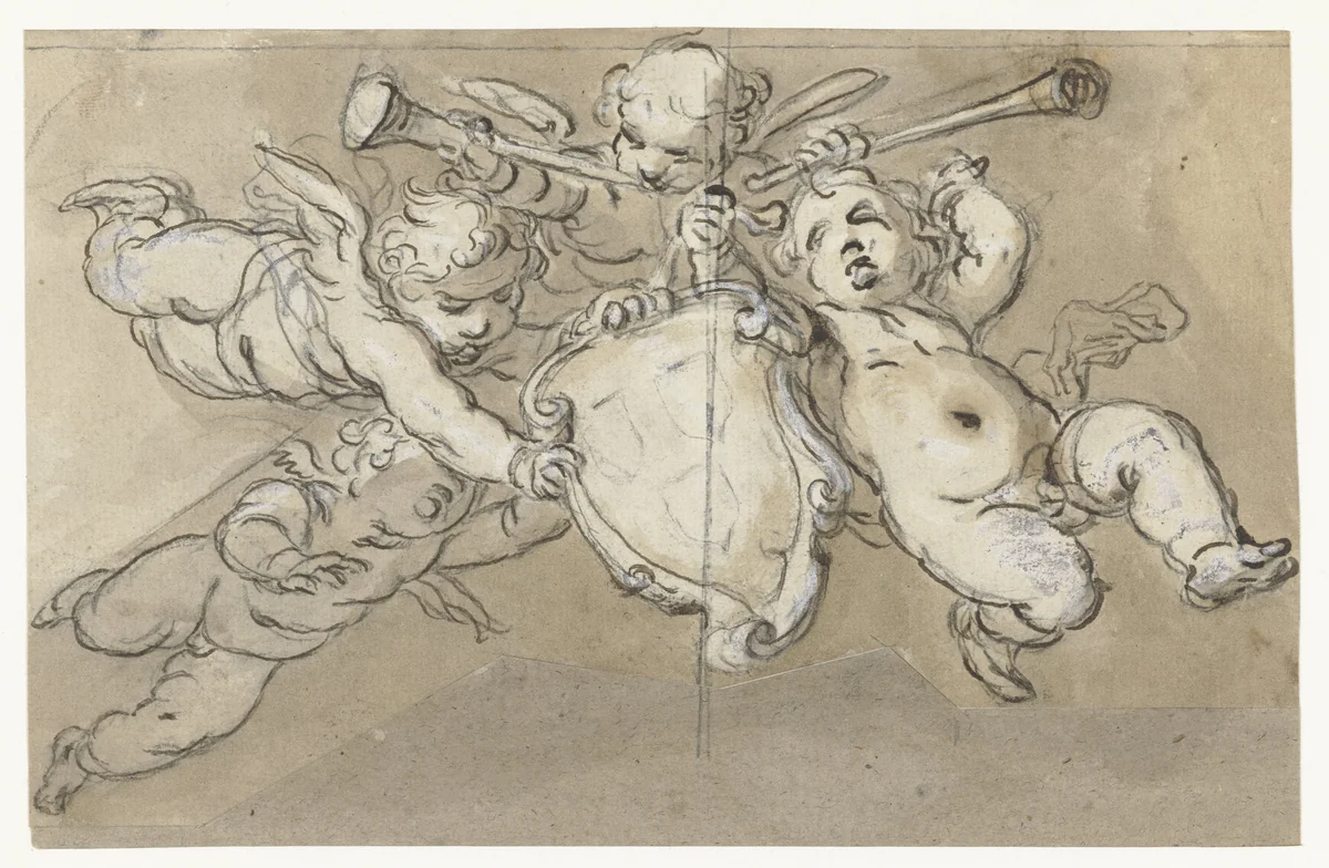 Putti met het wapen van het Lucas Gilde by Abraham Bloemaert, drawing, 1574-1651