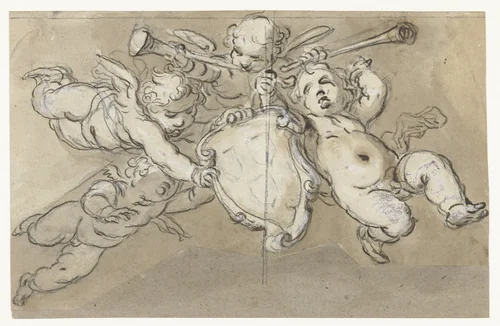 Putti met het wapen van het Lucas Gilde by Abraham Bloemaert, drawing, 1574-1651