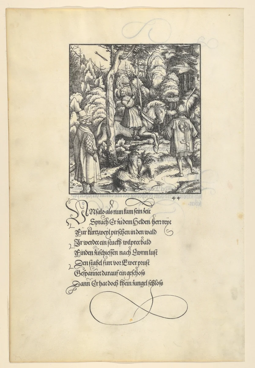 Theuerdarnk Nearly Shoots Himself with a Crossbow, from [Theuerdank] Die geuerlicheiten vnd einsteils der geschichten des loblichen streytparen vnd hochberümbten helds vnd Ritters herr Tewrdannckhs by Hans Burgkmair, print, 1517