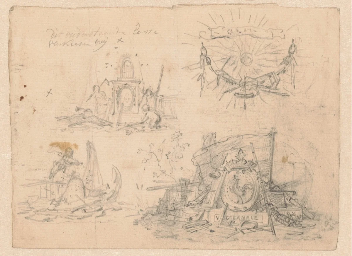 Vier varianten van symbolen met betrekking tot de VOC by Jurriaan Andriessen, drawing, 1752-1819