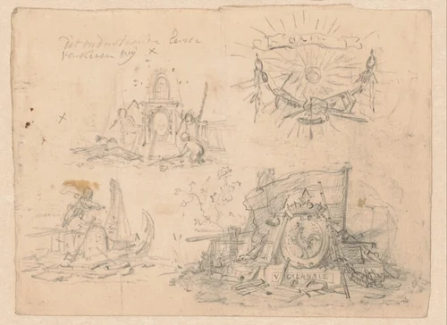 Vier varianten van symbolen met betrekking tot de VOC by Jurriaan Andriessen, drawing, 1752-1819