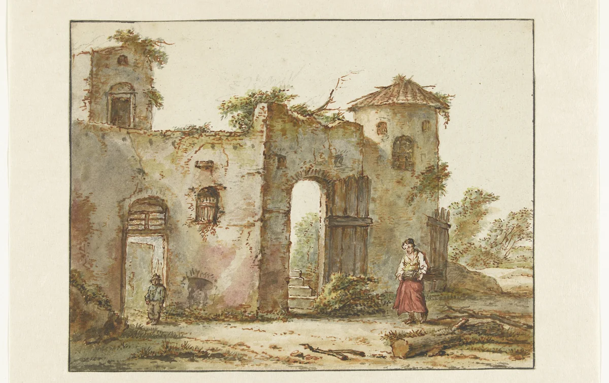 Vervallen gebouw met rechts een houtsprokkelaarster by Pieter Bartholomeusz. Barbiers, drawing, 1782-1837