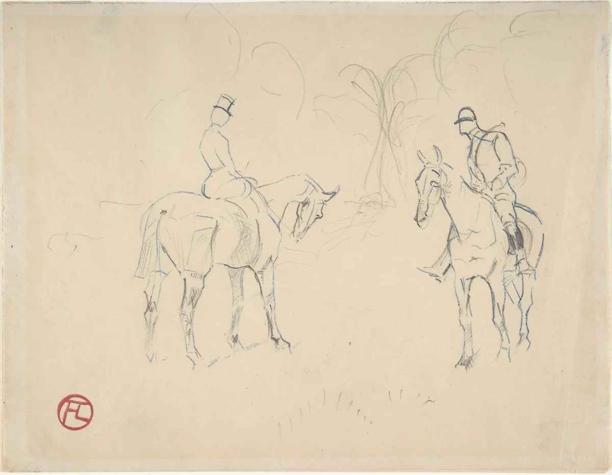 A Woman and a Man on Horseback by Henri de Toulouse-Lautrec, drawing, 1879-1881