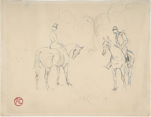 A Woman and a Man on Horseback by Henri de Toulouse-Lautrec, drawing, 1879-1881