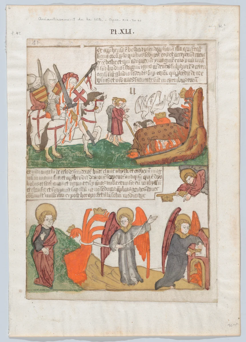 The Annihilation of the Beast; The Capture and Incarceration of the Beast from an Apocalypse blockbook, 2nd edition by anonymous, print, 1440-1450
