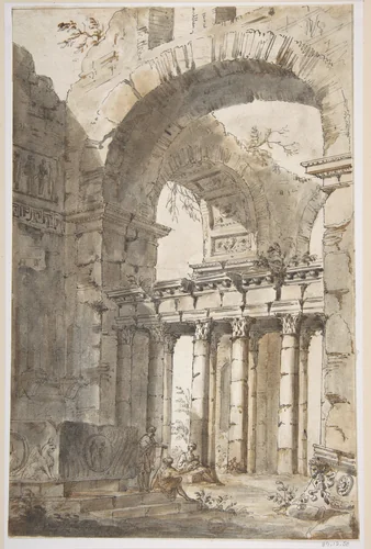Ruins of a Basilica or Mausoleum by Giovanni Paolo Panini, drawing, 1691-1765