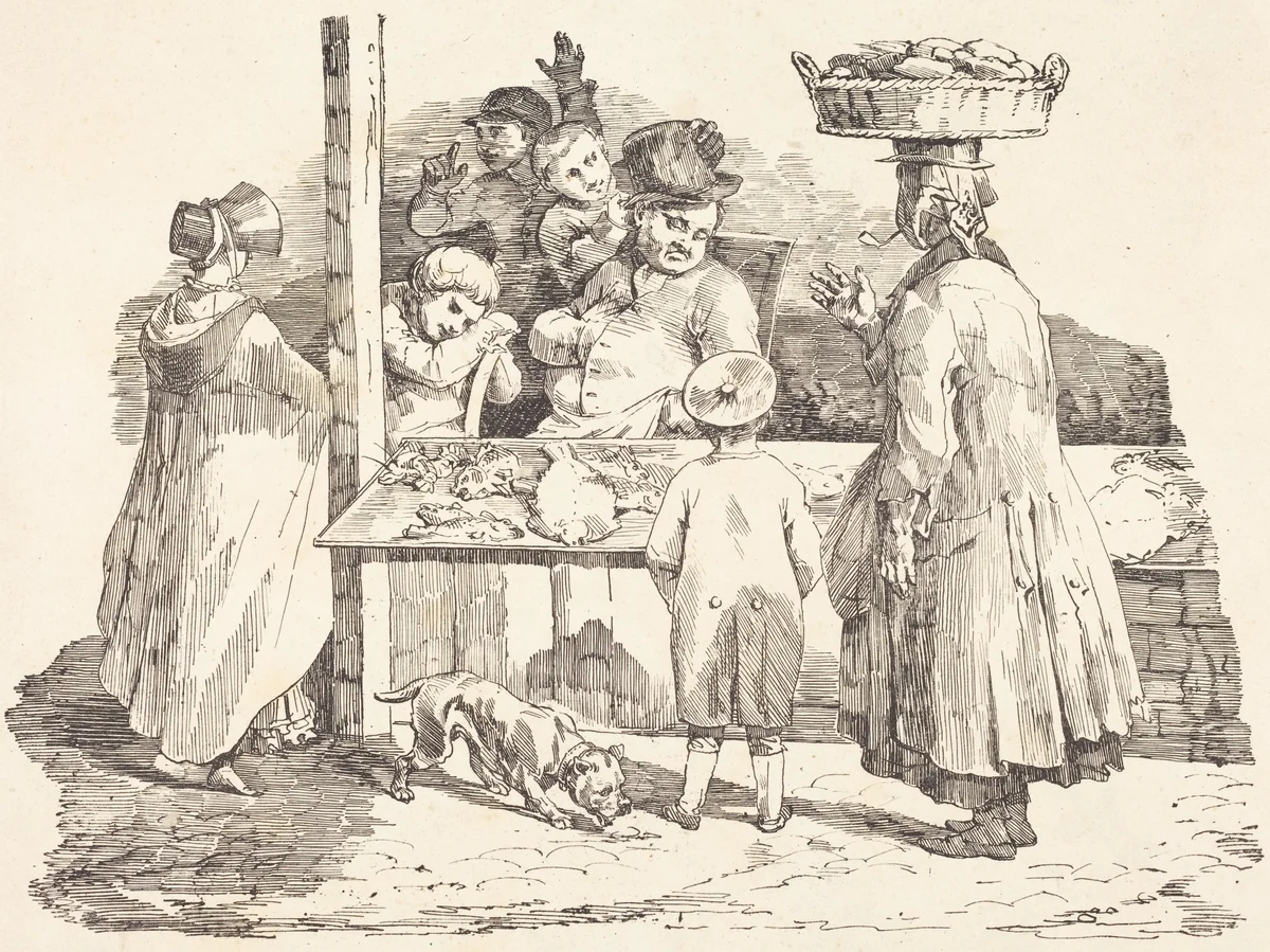 The Dozing Fishmonger (Le marchand de poissons endormie) by Théodore Gericault; Nicolas-Toussaint Charlet, print, 1820