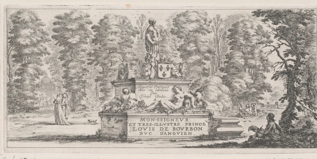 Titelprent met een grafmonument in een landschap by Stefano della Bella, print, 1620-1664