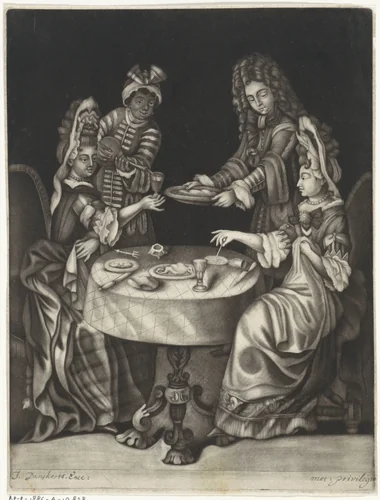 Twee vrouwen met fontangekapsel aan tafel by anonymous, print, 1695-1701