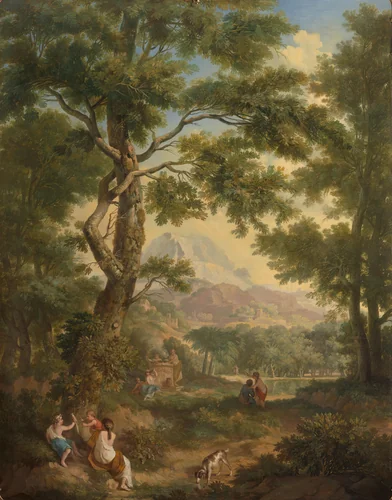 Arcadisch landschap met linksvoor kinderen met een vogel en een hond by Jurriaan Andriessen, painting, 1771