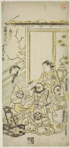 The Actors Tamazawa Saijiro I as Oiso no Tora and Ichimura Uzaemon VIII as Soga no Juro in the play "Haru wa Akebono Kuruwa Soga," performed at the Ichimura Theater in the first month, 1743 by Torii Kiyomasu II (鳥居 清倍), print, 1743