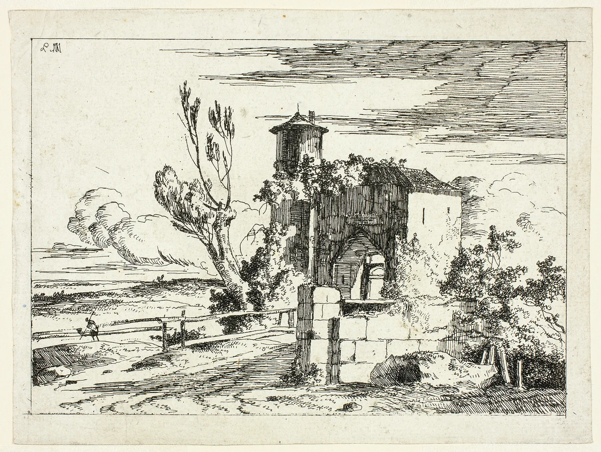 Landscape with Old Gateway by Louis Gabriel Moreau, print, 1779-1797