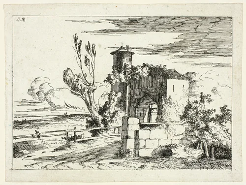 Landscape with Old Gateway by Louis Gabriel Moreau, print, 1779-1797