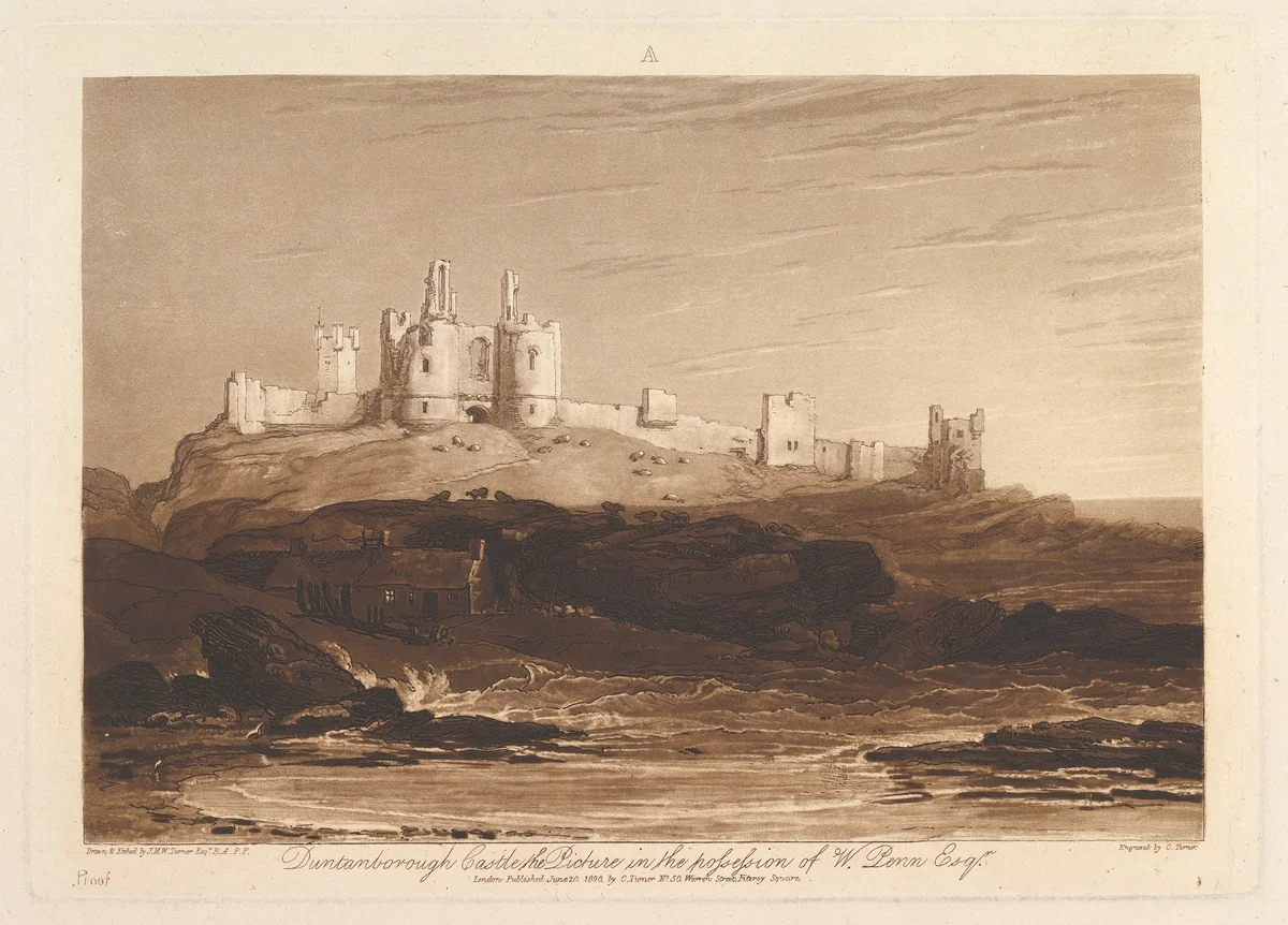 Dunstanborough Castle, part III, plate 14 from "Liber Studiorum" by Joseph Turner, print, 1808