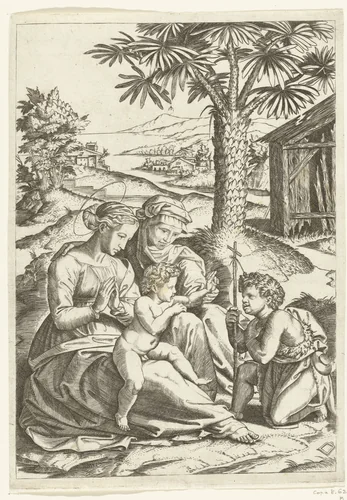 Maria met kind en heilige Elisabet met Johannes de Doper bij palmboom by anonymous, print, 1520-1575