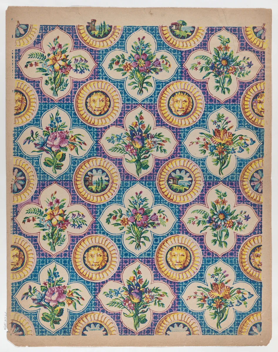 Sheet with pattern of bouquets and lion heads by anonymous, print, 1775-1875