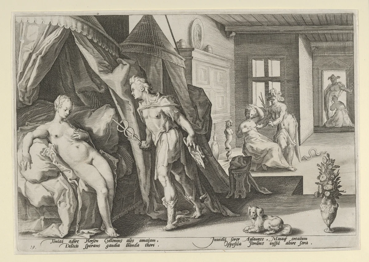 Mercury Entering Herse's Room After Changing Agraulos to Stone, from Ovid's "Metamorphoses", Book II by anonymous, print, 1590